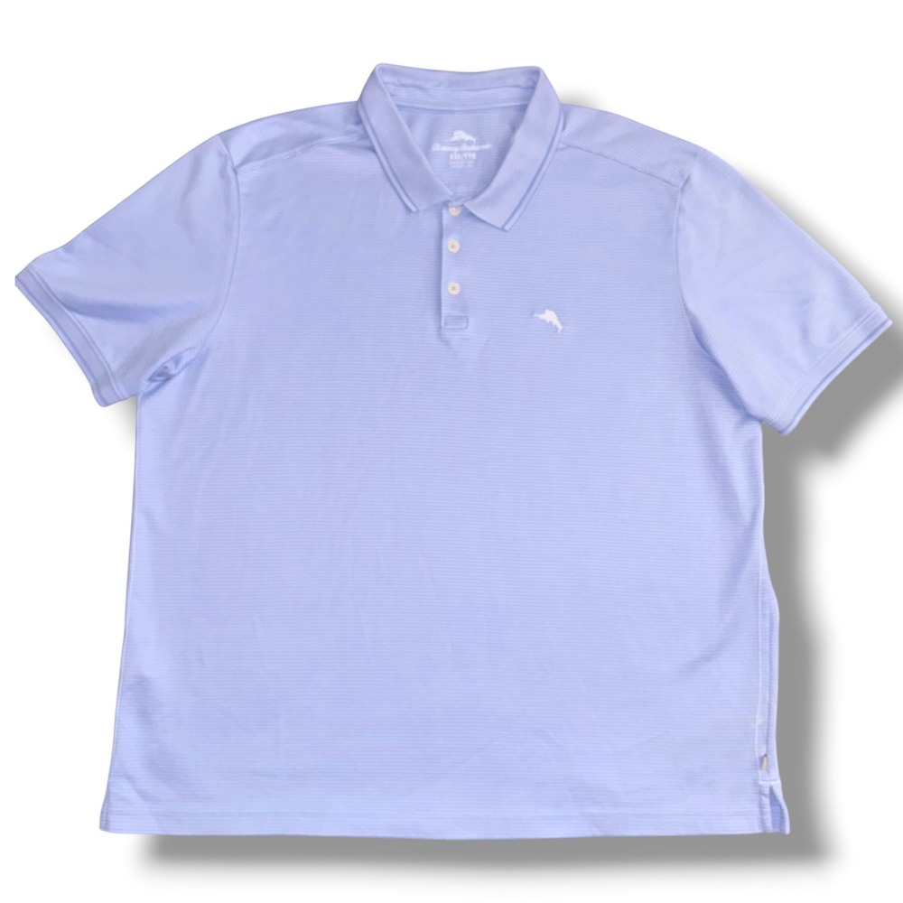 Tommy Bahama Polo Shirt Mens XXL Blue Striped Short Sleeve Cotton Blend Marlin